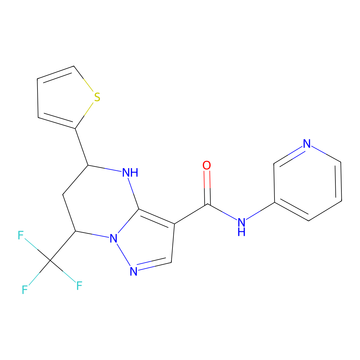 N-(pyridin-3-yl)-5-(thiophen-2-yl)-7-(trifluoromethyl)-4,5,6,7-tetrahydropyrazolo[1,5-a]pyrimidine-3-carboxamide molecular structure, CAS 332856-02-7