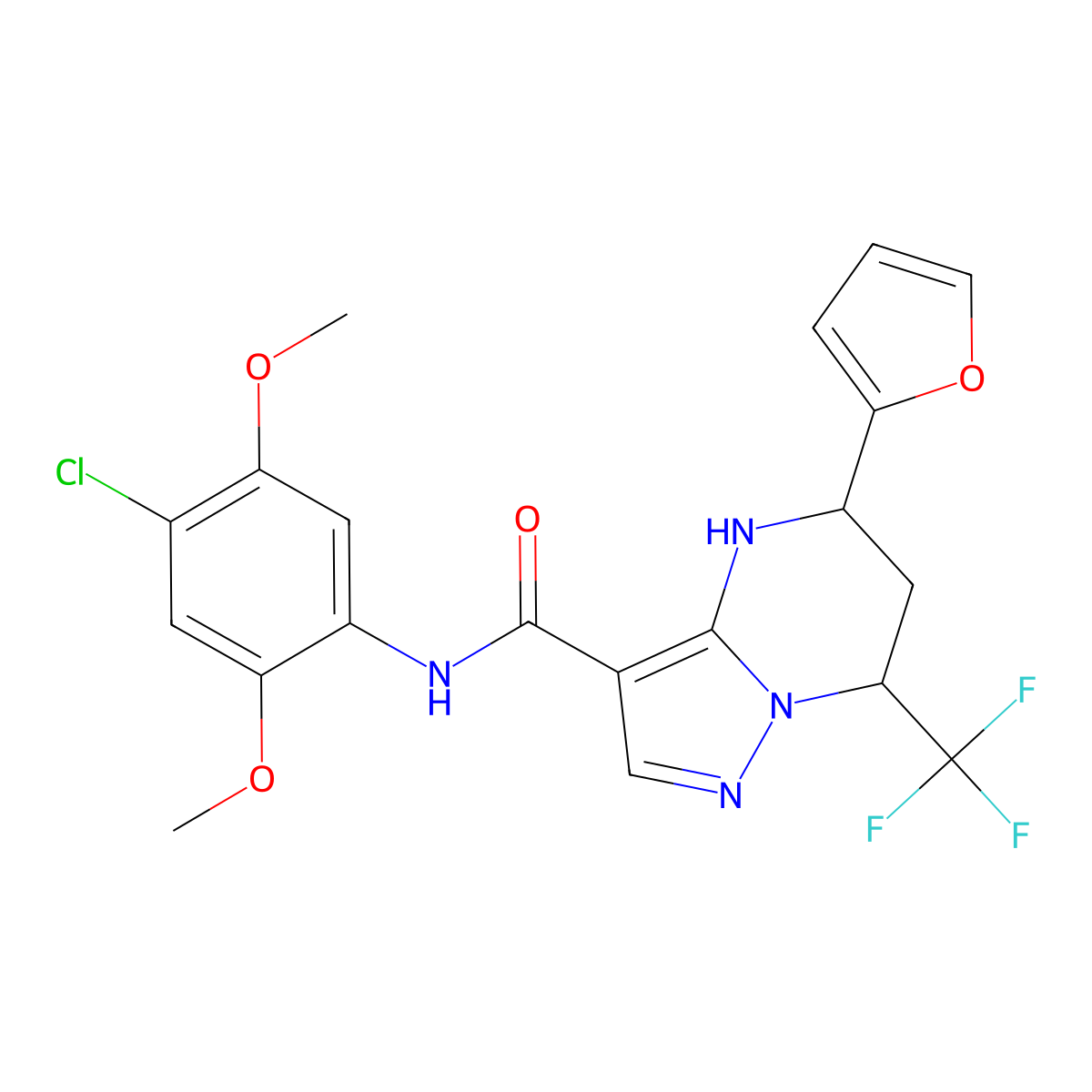 N-(4-chloro-2,5-dimethoxyphenyl)-5-(furan-2-yl)-7-(trifluoromethyl)-4,5,6,7-tetrahydropyrazolo[1,5-a]pyrimidine-3-carboxamide molecular structure, CAS 332856-21-0