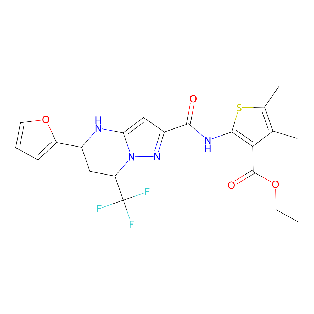 Ethyl 2-({[5-(2-furyl)-7-(trifluoromethyl)-4,5,6,7-tetrahydropyrazolo[1,5-a]pyrimidin-2-yl]carbonyl}amino)-4,5-dimethyl-3-thiophenecarboxylate molecular structure, CAS 332856-30-1