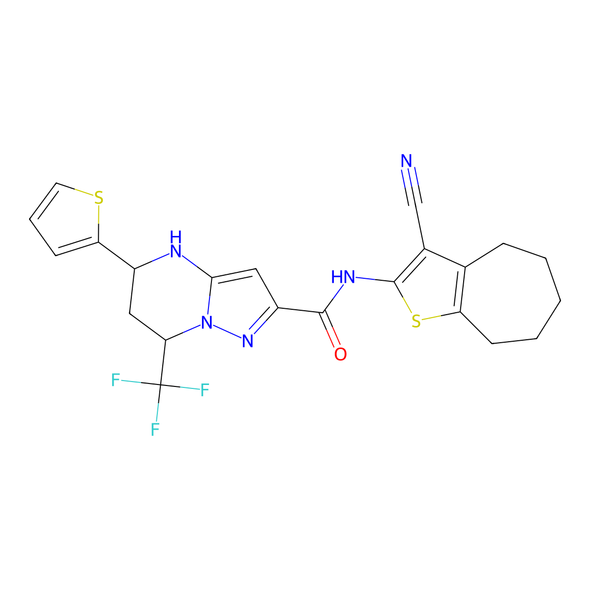 N-(3-cyano-5,6,7,8-tetrahydro-4H-cyclohepta[b]thiophen-2-yl)-5-(thiophen-2-yl)-7-(trifluoromethyl)-4,5,6,7-tetrahydropyrazolo[1,5-a]pyrimidine-2-carboxamide molecular structure, CAS 332856-35-6