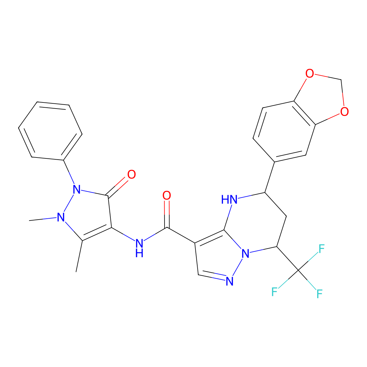 5-(1,3-benzodioxol-5-yl)-N-(1,5-dimethyl-3-oxo-2-phenyl-2,3-dihydro-1H-pyrazol-4-yl)-7-(trifluoromethyl)-4,5,6,7-tetrahydropyrazolo[1,5-a]pyrimidine-3-carboxamide molecular structure, CAS 332856-48-1