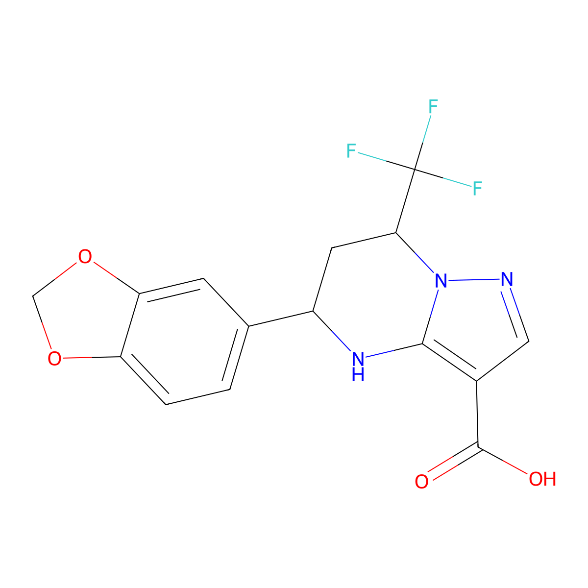 5-(Benzo[d][1,3]dioxol-5-yl)-7-(trifluoromethyl)-4,5,6,7-tetrahydropyrazolo[1,5-a]pyrimidine-3-carboxylic acid molecular structure, CAS 332856-49-2