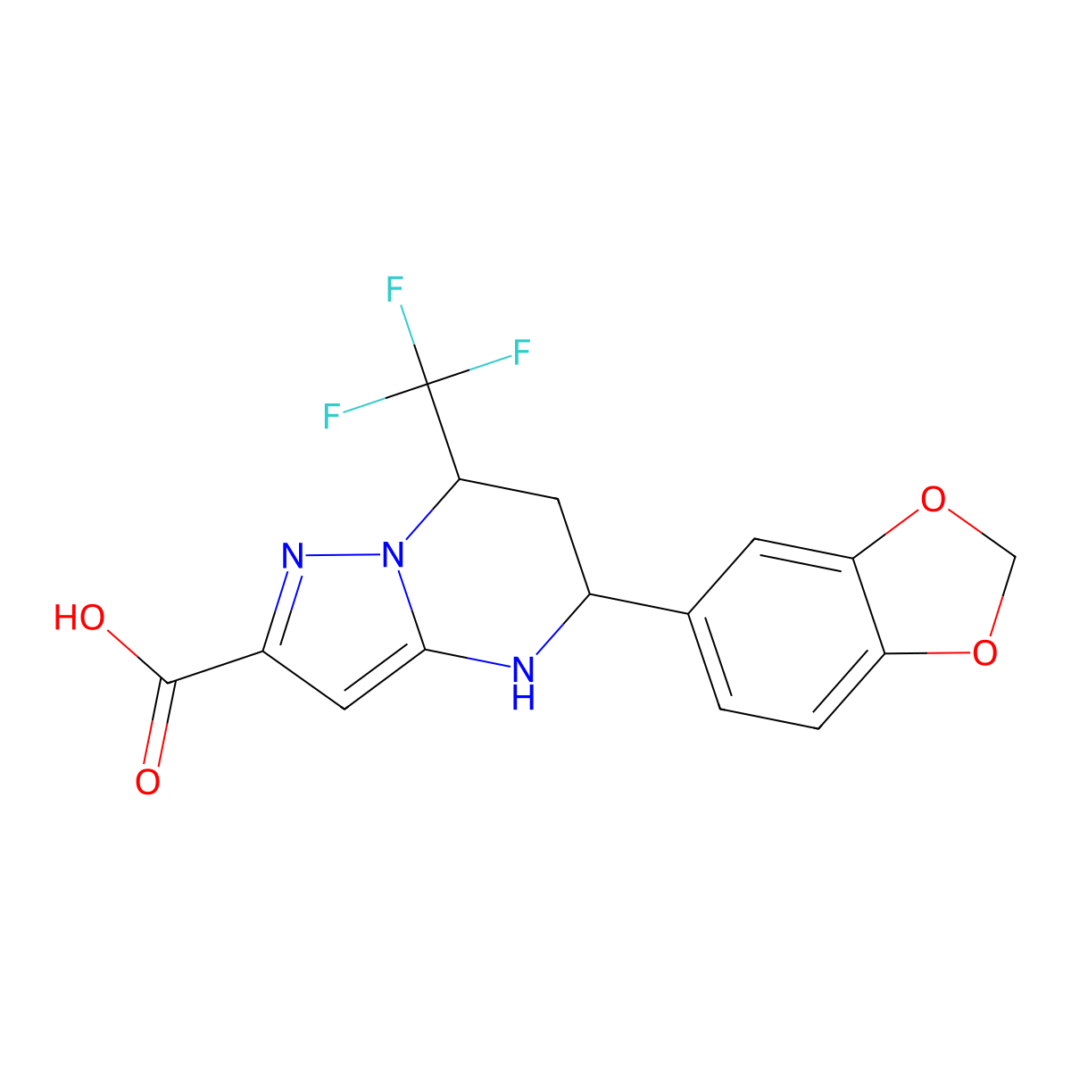 5-(1,3-Benzodioxol-5-yl)-7-(trifluoromethyl)-4,5,6,7-tetrahydropyrazolo[1,5-a]pyrimidine-2-carboxylic acid molecular structure, CAS 332856-52-7