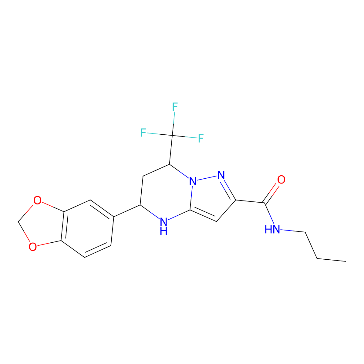 5-(1,3-Benzodioxol-5-yl)-4,5,6,7-tetrahydro-N-propyl-7-(trifluoromethyl)pyrazolo[1,5-a]pyrimidine-2-carboxamide molecular structure, CAS 332856-53-8