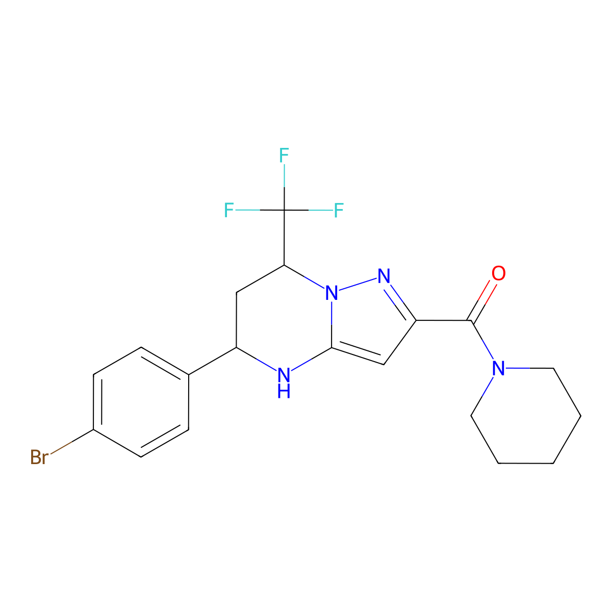 5-(4-Bromophenyl)-2-(1-piperidinylcarbonyl)-7-(trifluoromethyl)-4,5,6,7-tetrahydropyrazolo[1,5-a]pyrimidine molecular structure, CAS 332856-65-2