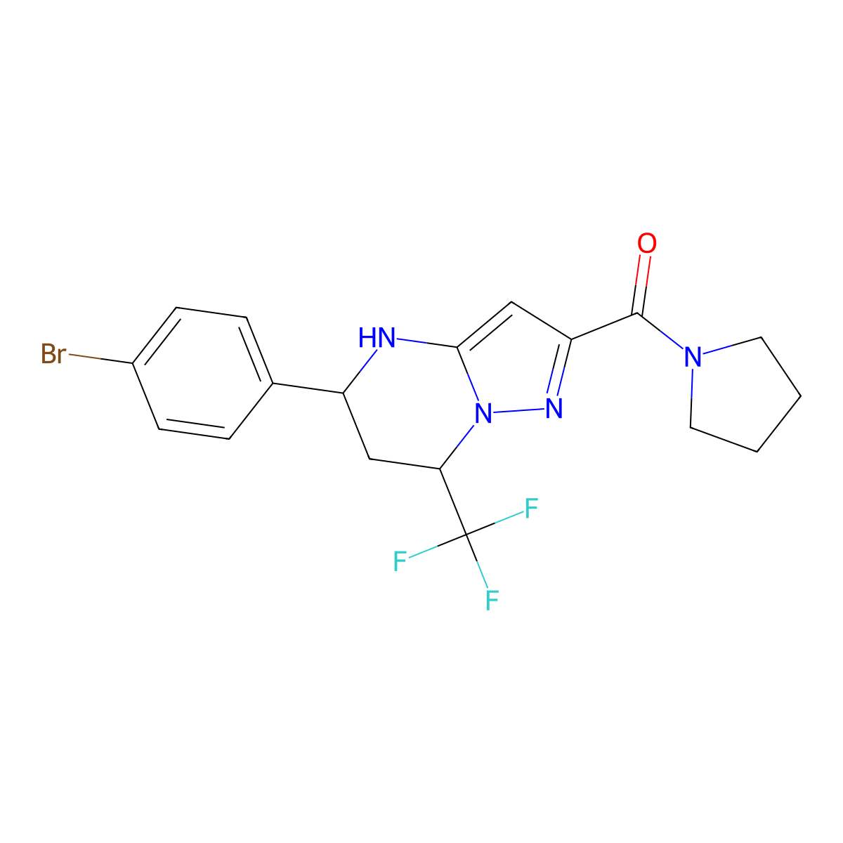 5-(4-Bromophenyl)-2-(1-pyrrolidinylcarbonyl)-7-(trifluoromethyl)-4,5,6,7-tetrahydropyrazolo[1,5-a]pyrimidine molecular structure, CAS 332856-70-9