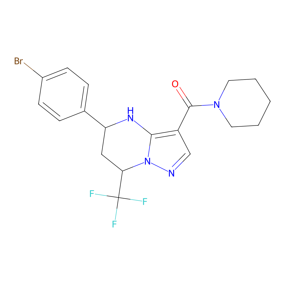 5-(4-Bromophenyl)-3-(1-piperidinylcarbonyl)-7-(trifluoromethyl)-4,5,6,7-tetrahydropyrazolo[1,5-a]pyrimidine molecular structure, CAS 332856-81-2