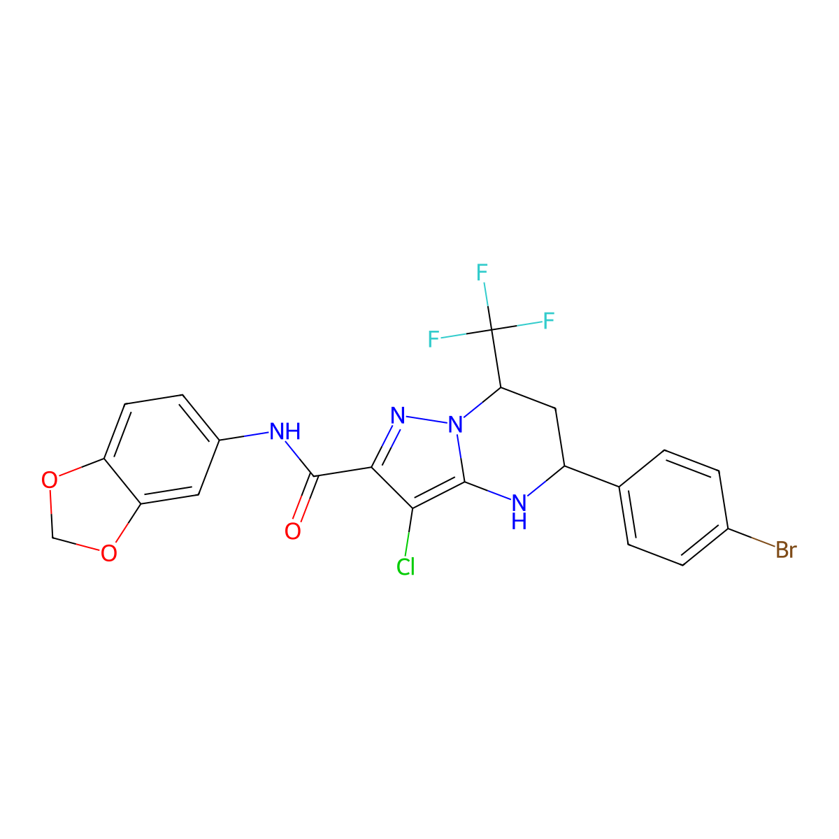 N-(1,3-benzodioxol-5-yl)-5-(4-bromophenyl)-3-chloro-7-(trifluoromethyl)-4,5,6,7-tetrahydropyrazolo[1,5-a]pyrimidine-2-carboxamide molecular structure, CAS 332856-95-8