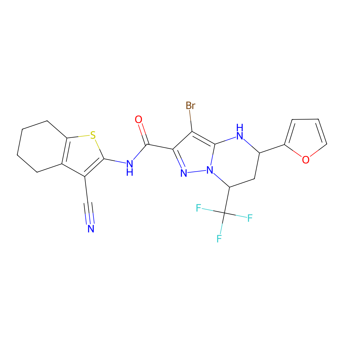 3-bromo-N-(3-cyano-4,5,6,7-tetrahydro-1-benzothien-2-yl)-5-(2-furyl)-7-(trifluoromethyl)-4,5,6,7-tetrahydropyrazolo[1,5-a]pyrimidine-2-carboxamide molecular structure, CAS 332856-99-2