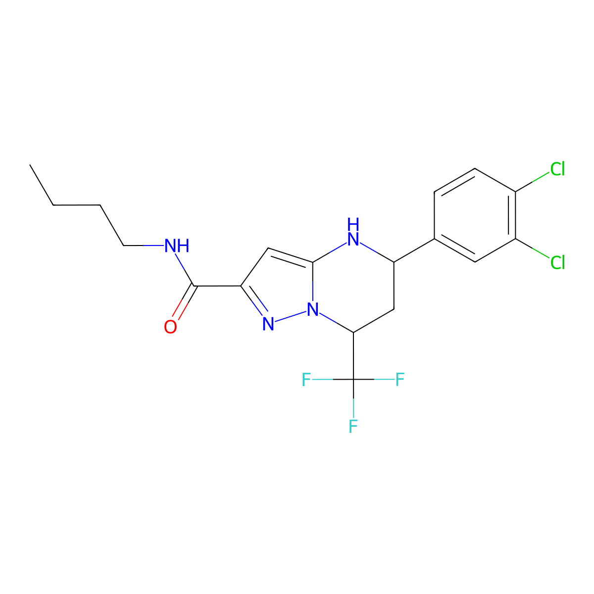 N-butyl-5-(3,4-dichlorophenyl)-7-(trifluoromethyl)-4,5,6,7-tetrahydropyrazolo[1,5-a]pyrimidine-2-carboxamide molecular structure, CAS 332857-03-1