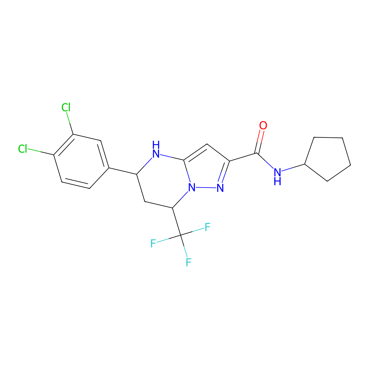 N-cyclopentyl-5-(3,4-dichlorophenyl)-7-(trifluoromethyl)-4,5,6,7-tetrahydropyrazolo[1,5-a]pyrimidine-2-carboxamide molecular structure, CAS 332857-10-0