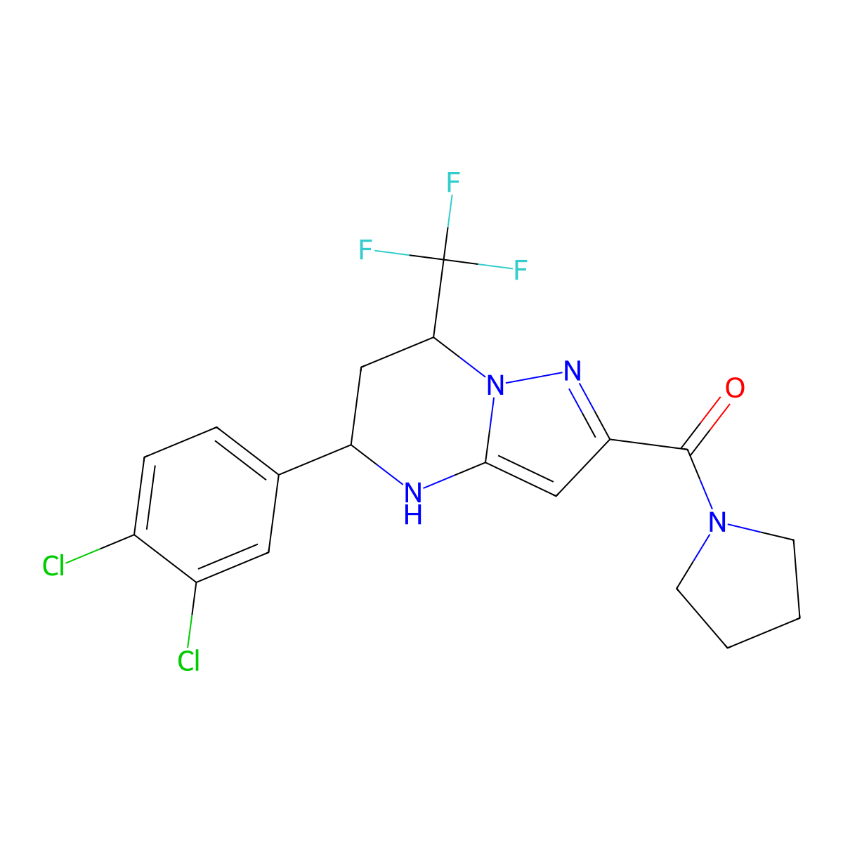 5-(3,4-Dichlorophenyl)-2-(1-pyrrolidinylcarbonyl)-7-(trifluoromethyl)-4,5,6,7-tetrahydropyrazolo[1,5-a]pyrimidine molecular structure, CAS 332857-16-6