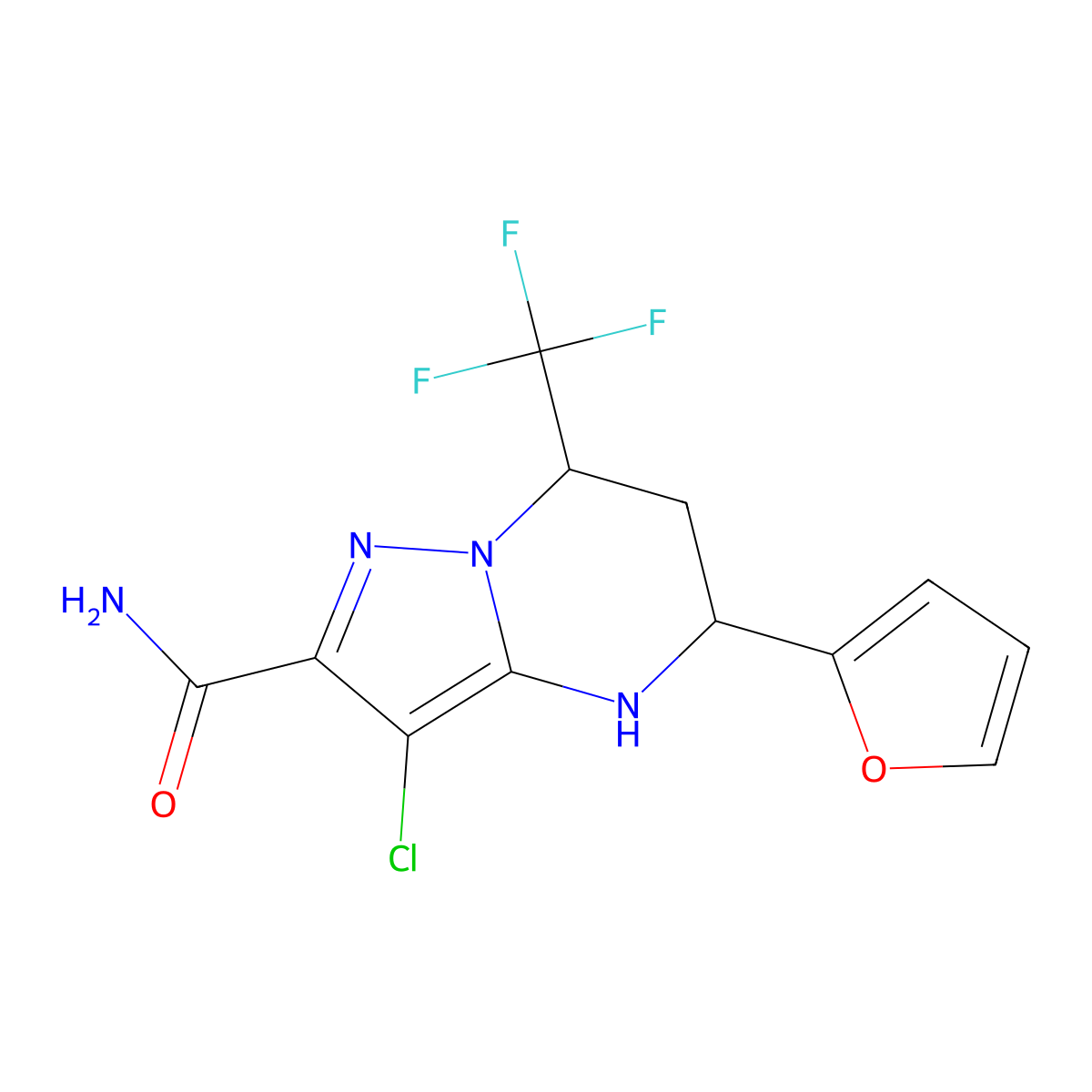 3-Chloro-5-(furan-2-yl)-7-(trifluoromethyl)-4,5,6,7-tetrahydropyrazolo[1,5-a]pyrimidine-2-carboxamide molecular structure, CAS 332857-29-1