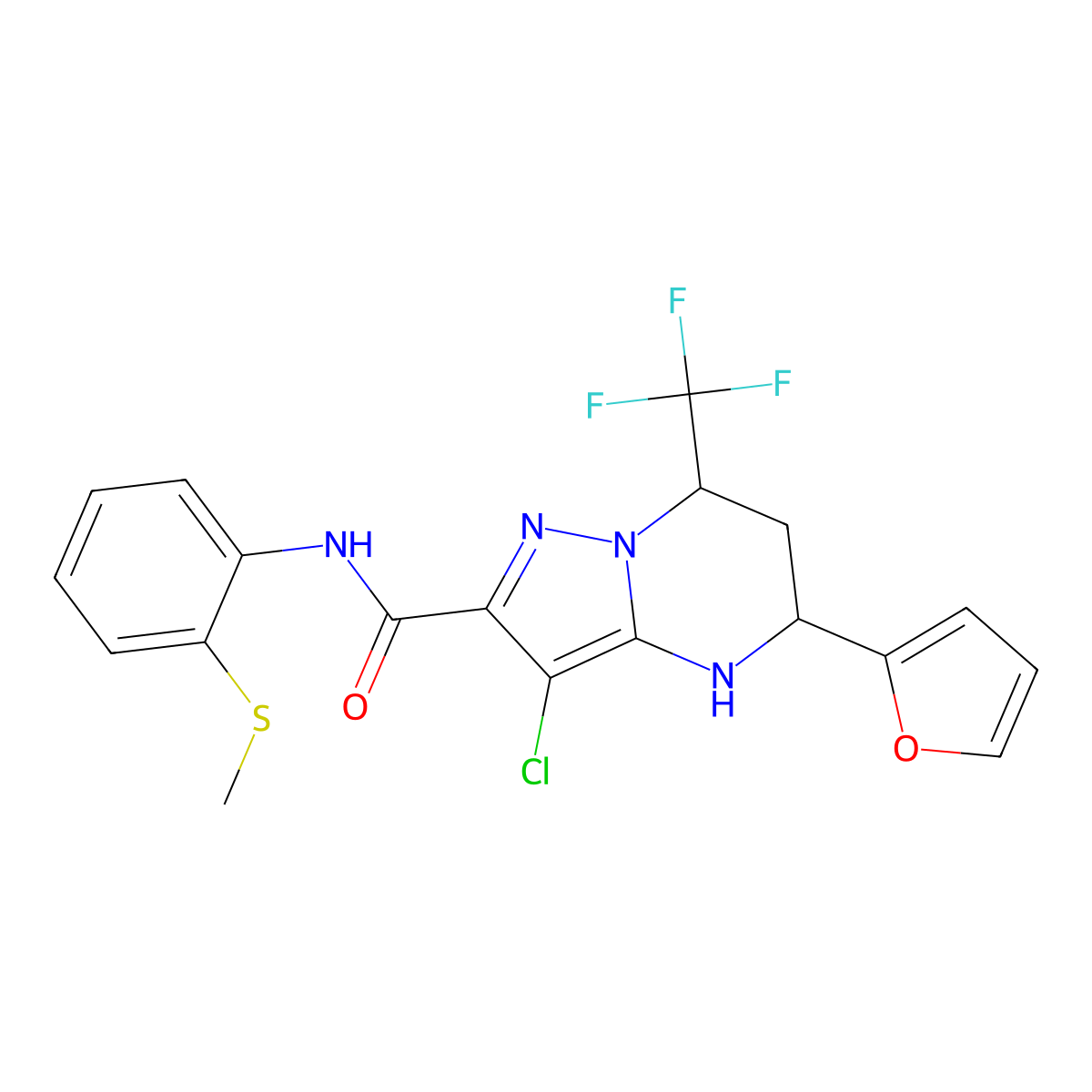 3-chloro-5-(2-furyl)-N-[2-(methylsulfanyl)phenyl]-7-(trifluoromethyl)-4,5,6,7-tetrahydropyrazolo[1,5-a]pyrimidine-2-carboxamide molecular structure, CAS 332857-51-9
