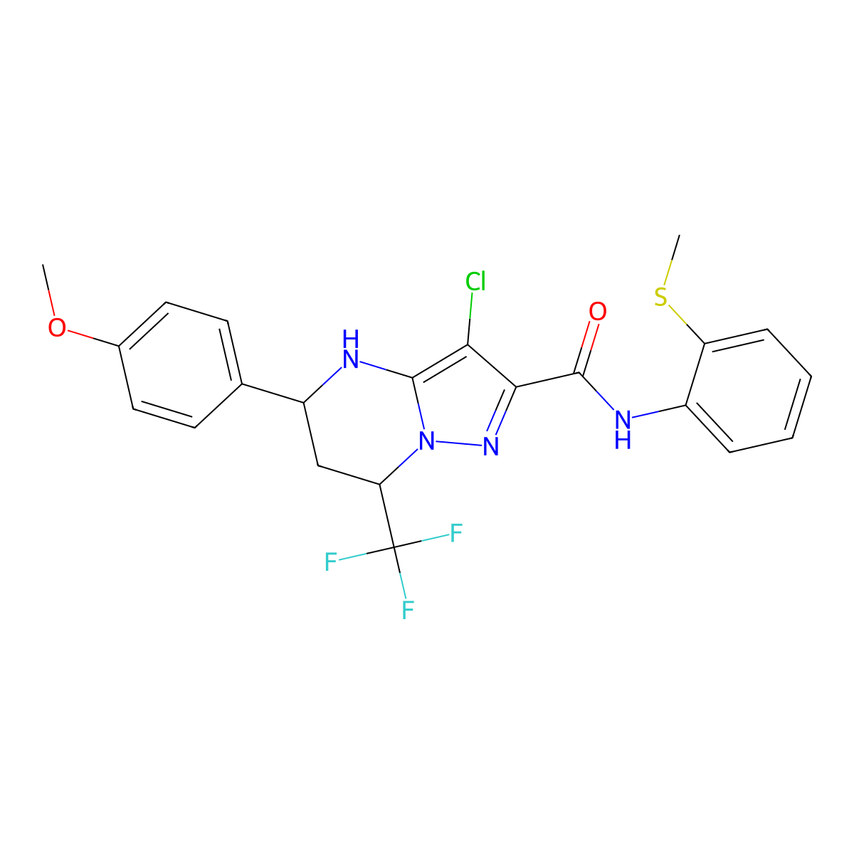 3-chloro-5-(4-methoxyphenyl)-N-[2-(methylsulfanyl)phenyl]-7-(trifluoromethyl)-4,5,6,7-tetrahydropyrazolo[1,5-a]pyrimidine-2-carboxamide molecular structure, CAS 332857-80-4