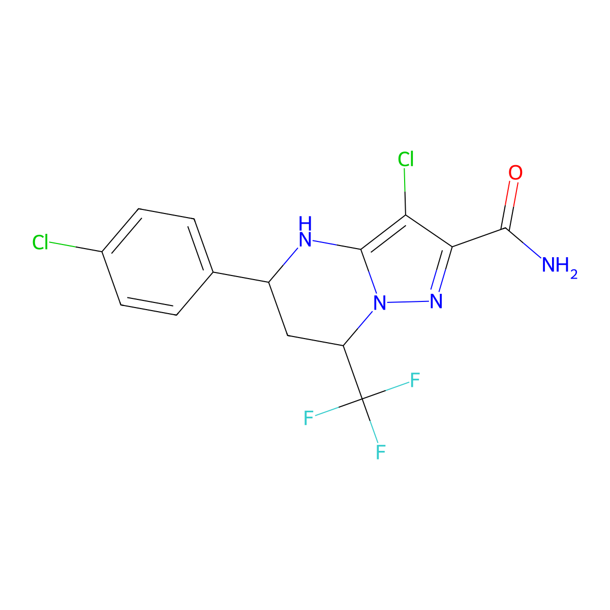 3-Chloro-5-(4-chlorophenyl)-7-(trifluoromethyl)-4,5,6,7-tetrahydropyrazolo[1,5-a]pyrimidine-2-carboxamide molecular structure, CAS 332857-97-3