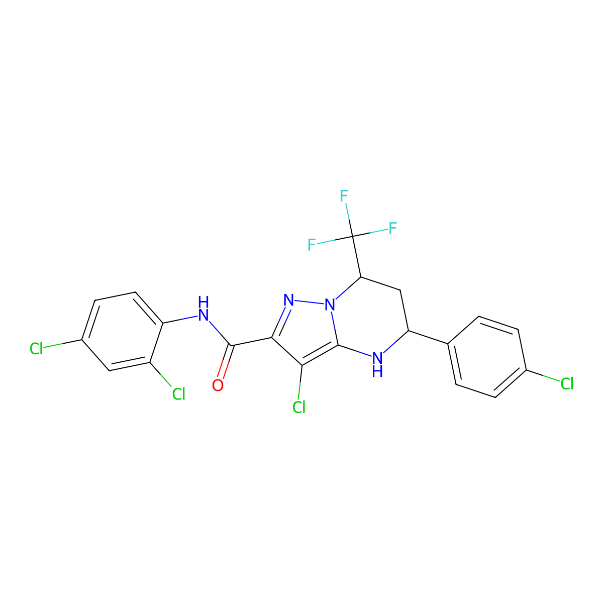 3-chloro-5-(4-chlorophenyl)-N-(2,4-dichlorophenyl)-7-(trifluoromethyl)-4,5,6,7-tetrahydropyrazolo[1,5-a]pyrimidine-2-carboxamide molecular structure, CAS 332858-00-1
