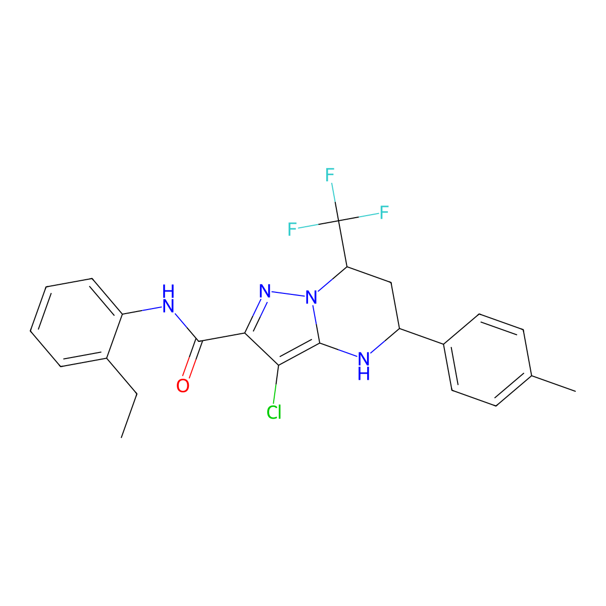3-chloro-N-(2-ethylphenyl)-5-(4-methylphenyl)-7-(trifluoromethyl)-4,5,6,7-tetrahydropyrazolo[1,5-a]pyrimidine-2-carboxamide molecular structure, CAS 332858-24-9