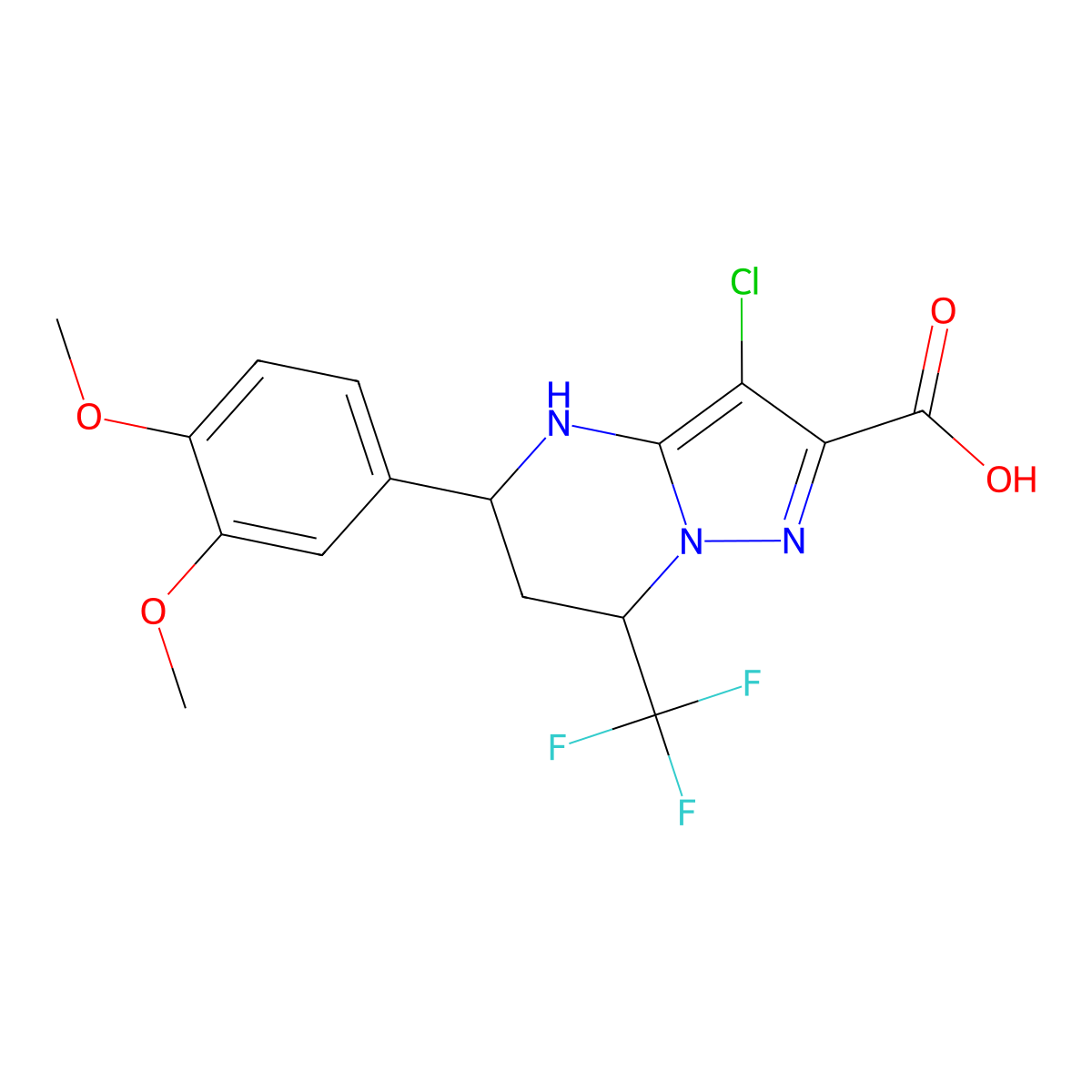 3-Chloro-5-(3,4-dimethoxyphenyl)-7-(trifluoromethyl)-4,5,6,7-tetrahydropyrazolo[1,5-a]pyrimidine-2-carboxylic acid molecular structure, CAS 332858-47-6