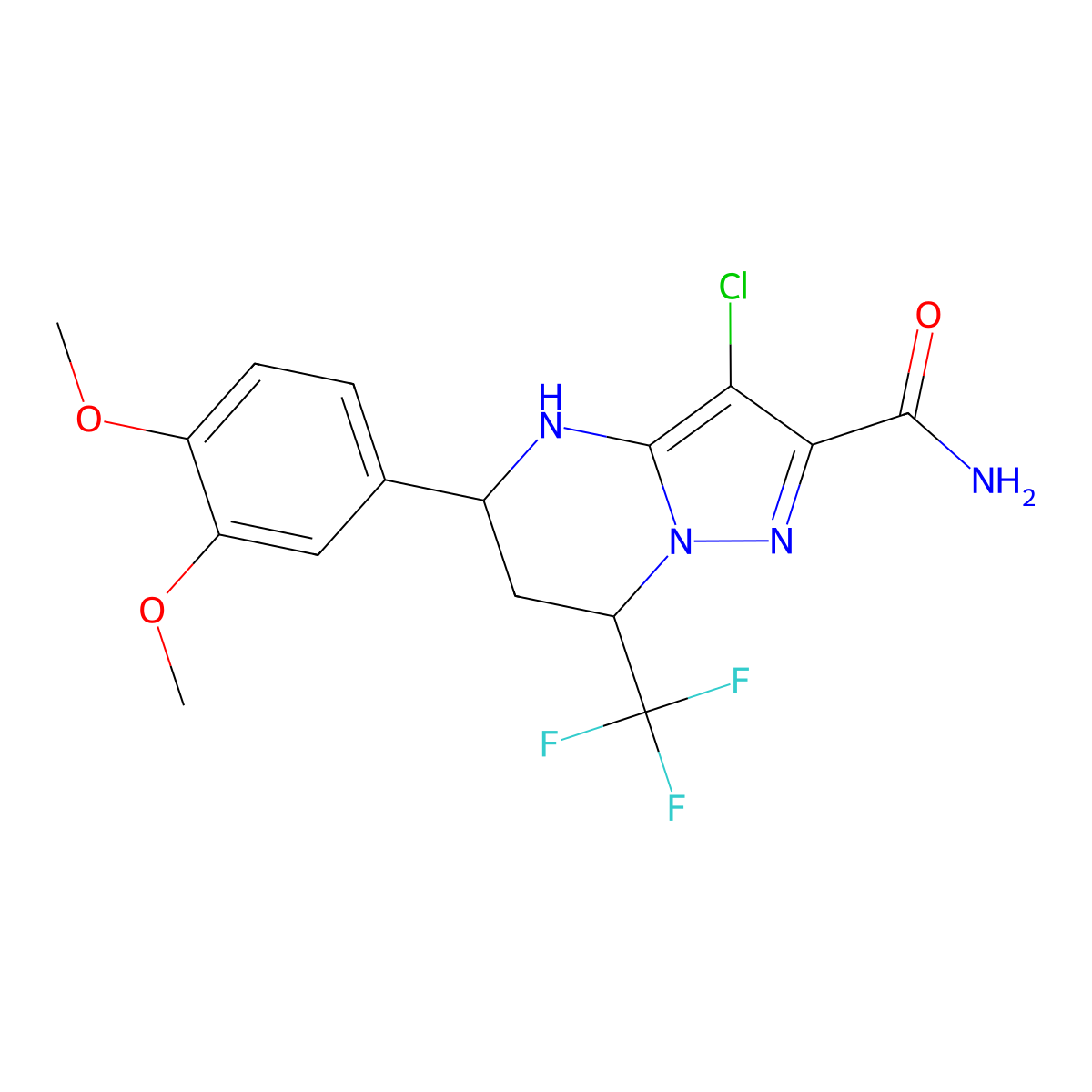 3-Chloro-5-(3,4-dimethoxyphenyl)-7-(trifluoromethyl)-4,5,6,7-tetrahydropyrazolo[1,5-a]pyrimidine-2-carboxamide molecular structure, CAS 332858-48-7