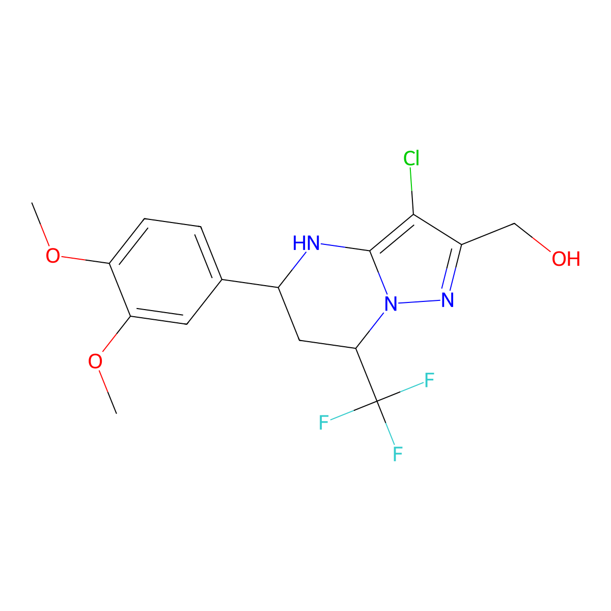 [3-Chloro-5-(3,4-dimethoxyphenyl)-7-(trifluoromethyl)-4,5,6,7-tetrahydropyrazolo[1,5-a]pyrimidin-2-yl]methanol molecular structure, CAS 332858-50-1