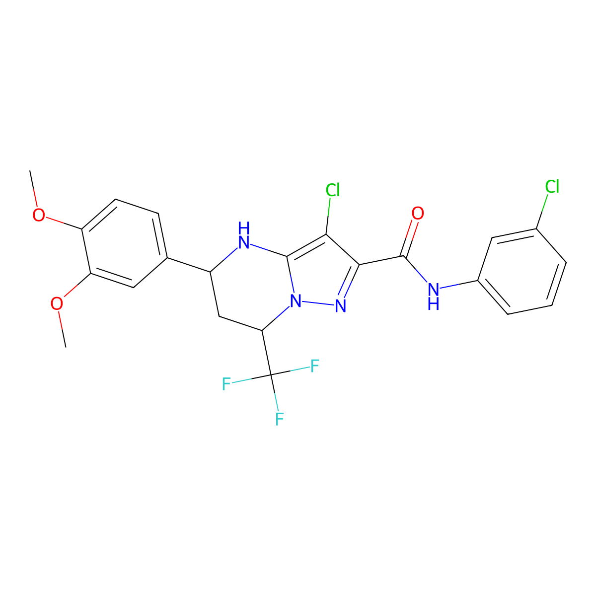 3-chloro-N-(3-chlorophenyl)-5-(3,4-dimethoxyphenyl)-7-(trifluoromethyl)-4,5,6,7-tetrahydropyrazolo[1,5-a]pyrimidine-2-carboxamide molecular structure, CAS 332858-53-4
