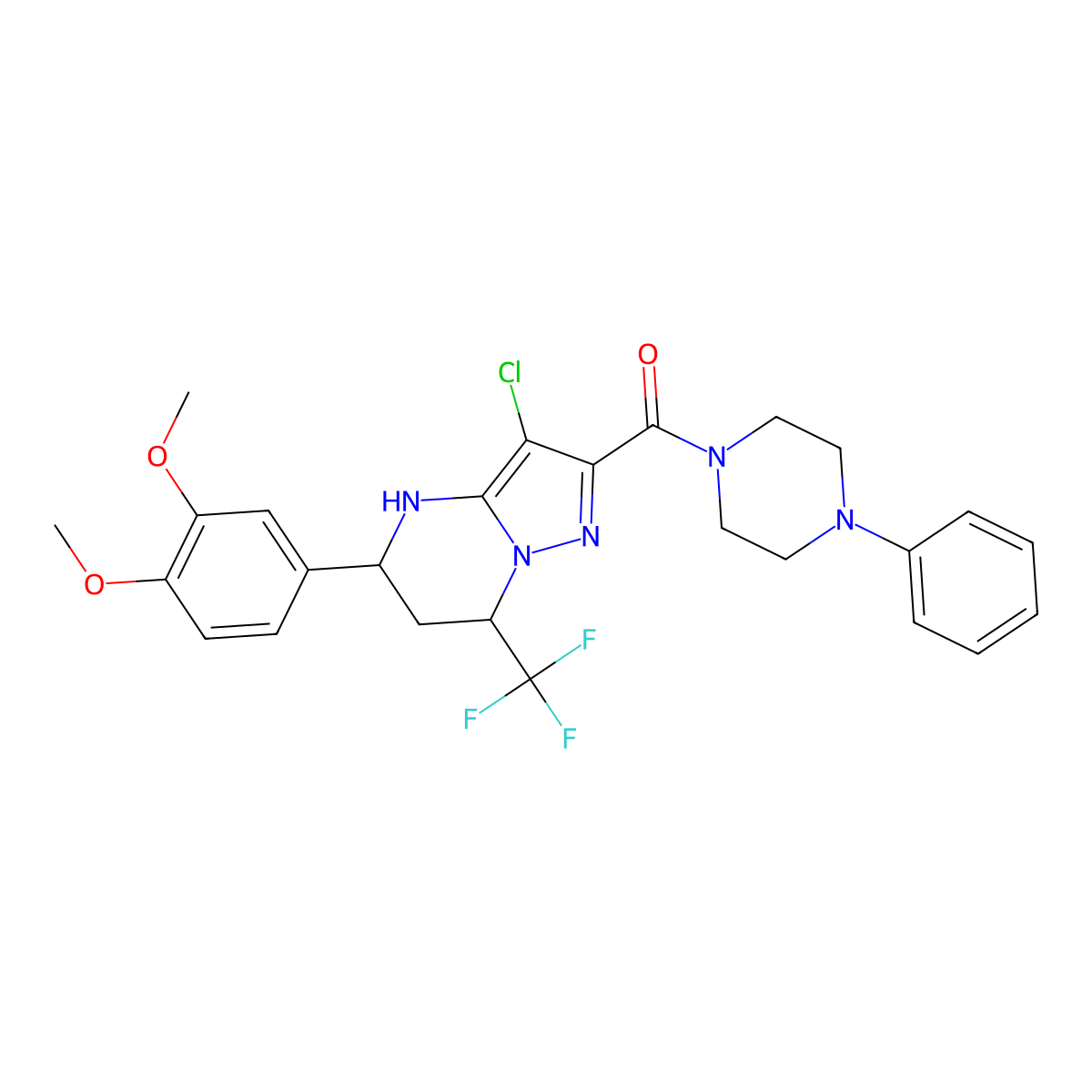 (3-Chloro-5-(3,4-dimethoxyphenyl)-7-(trifluoromethyl)-4,5,6,7-tetrahydropyrazolo[1,5-a]pyrimidin-2-yl)(4-phenylpiperazin-1-yl)methanone molecular structure, CAS 332858-65-8