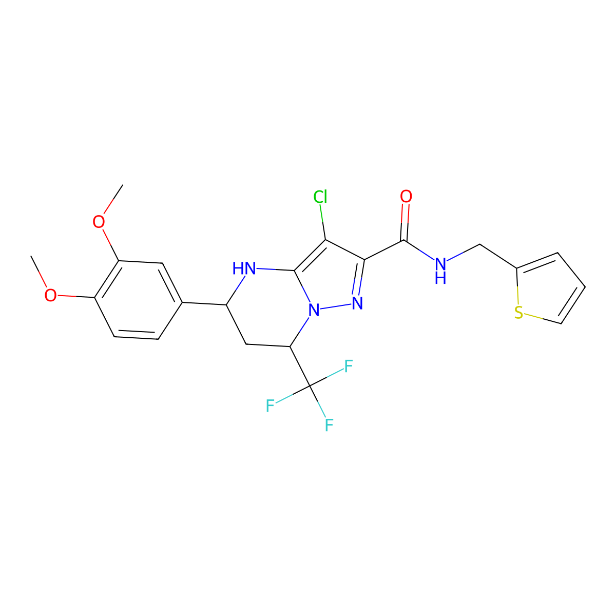 3-chloro-5-(3,4-dimethoxyphenyl)-N-(thiophen-2-ylmethyl)-7-(trifluoromethyl)-4,5,6,7-tetrahydropyrazolo[1,5-a]pyrimidine-2-carboxamide molecular structure, CAS 332858-72-7