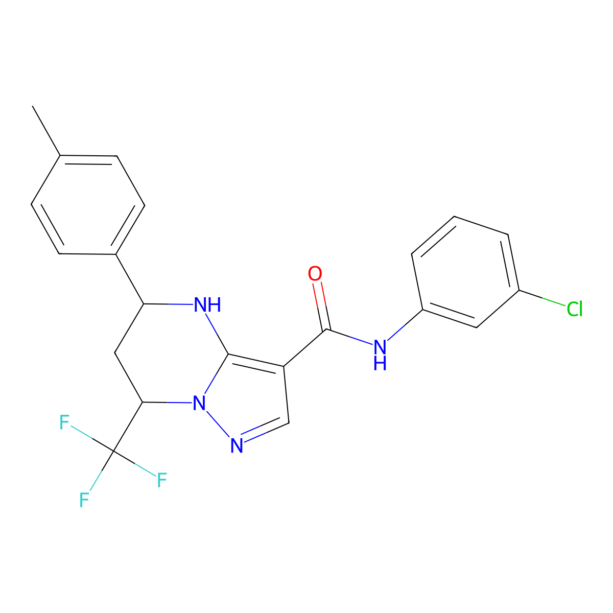 N-(3-chlorophenyl)-5-(4-methylphenyl)-7-(trifluoromethyl)-4,5,6,7-tetrahydropyrazolo[1,5-a]pyrimidine-3-carboxamide molecular structure, CAS 332858-83-0