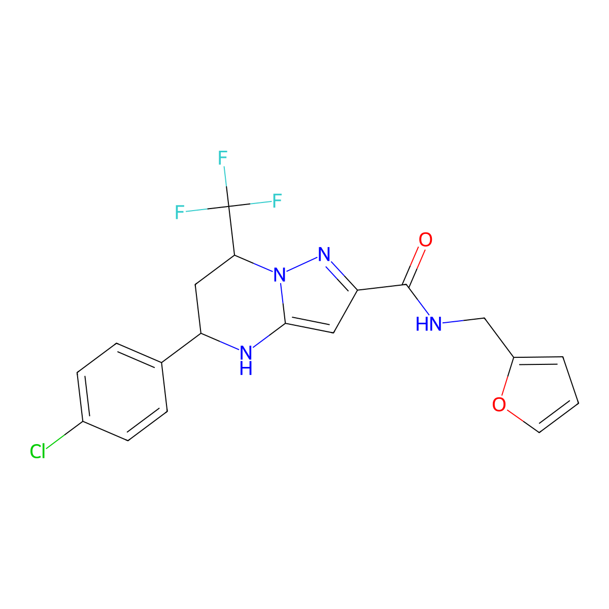 5-(4-chlorophenyl)-N-(furan-2-ylmethyl)-7-(trifluoromethyl)-4,5,6,7-tetrahydropyrazolo[1,5-a]pyrimidine-2-carboxamide molecular structure, CAS 332859-36-6