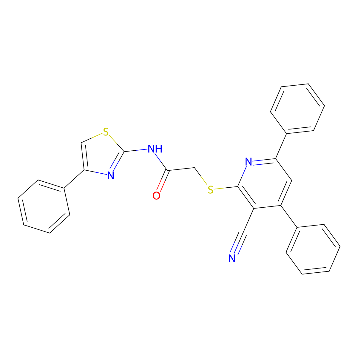2-((3-Cyano-4,6-diphenylpyridin-2-yl)thio)-N-(4-phenylthiazol-2-yl)acetamide molecular structure, CAS 332859-73-1