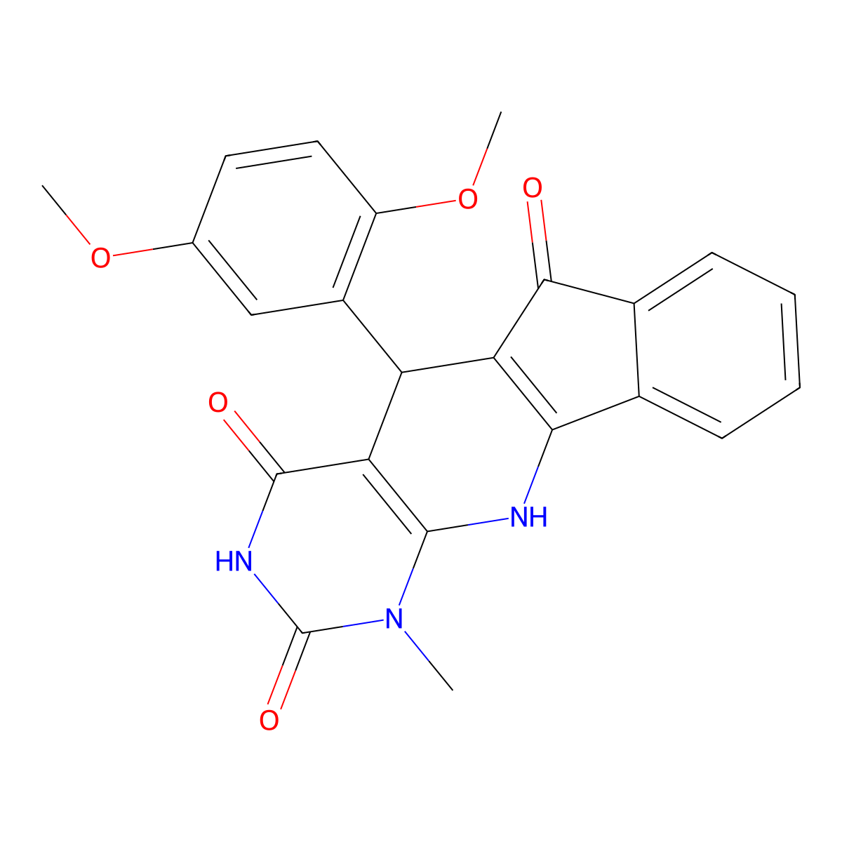 5-(2,5-dimethoxyphenyl)-1-methyl-5,11-dihydro-1H-indeno[2',1':5,6]pyrido[2,3-d]pyrimidine-2,4,6(3H)-trione molecular structure, CAS 332861-05-9
