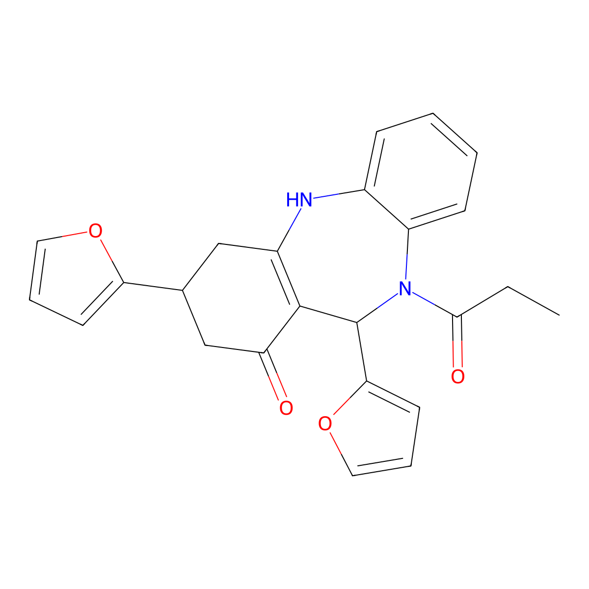 6,9-bis(furan-2-yl)-5-propanoyl-8,9,10,11-tetrahydro-6H-benzo[b][1,4]benzodiazepin-7-one molecular structure, CAS 332861-28-6