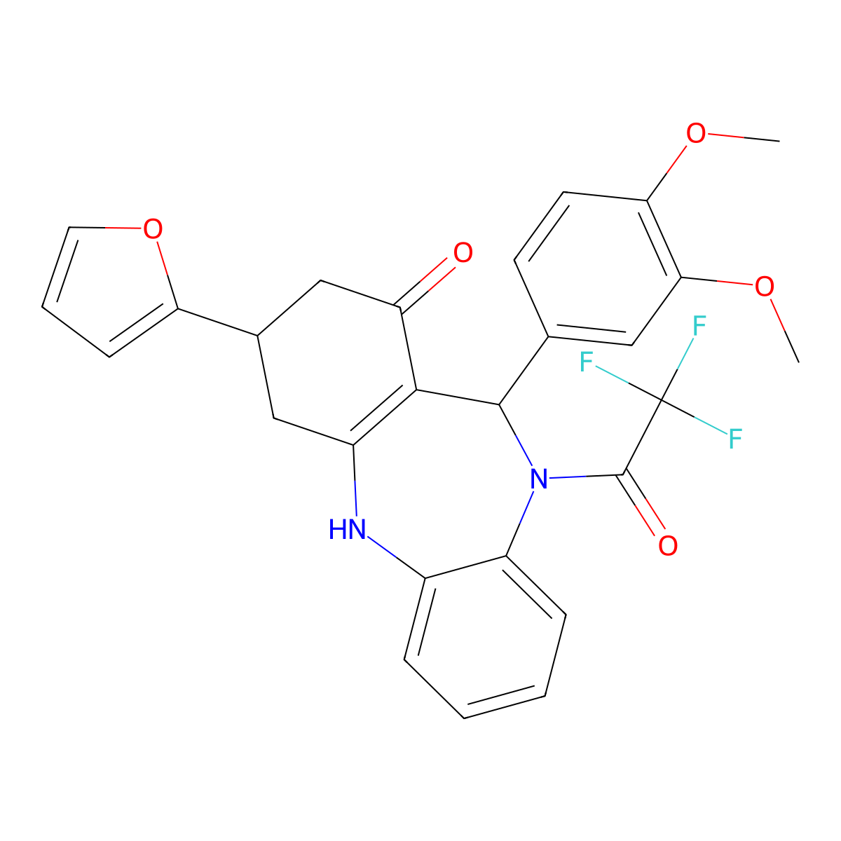6-(3,4-dimethoxyphenyl)-9-(furan-2-yl)-5-(2,2,2-trifluoroacetyl)-8,9,10,11-tetrahydro-6H-benzo[b][1,4]benzodiazepin-7-one molecular structure, CAS 332861-38-8