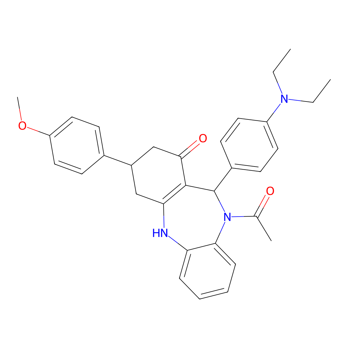 5-acetyl-6-[4-(diethylamino)phenyl]-9-(4-methoxyphenyl)-8,9,10,11-tetrahydro-6H-benzo[b][1,4]benzodiazepin-7-one molecular structure, CAS 332861-39-9