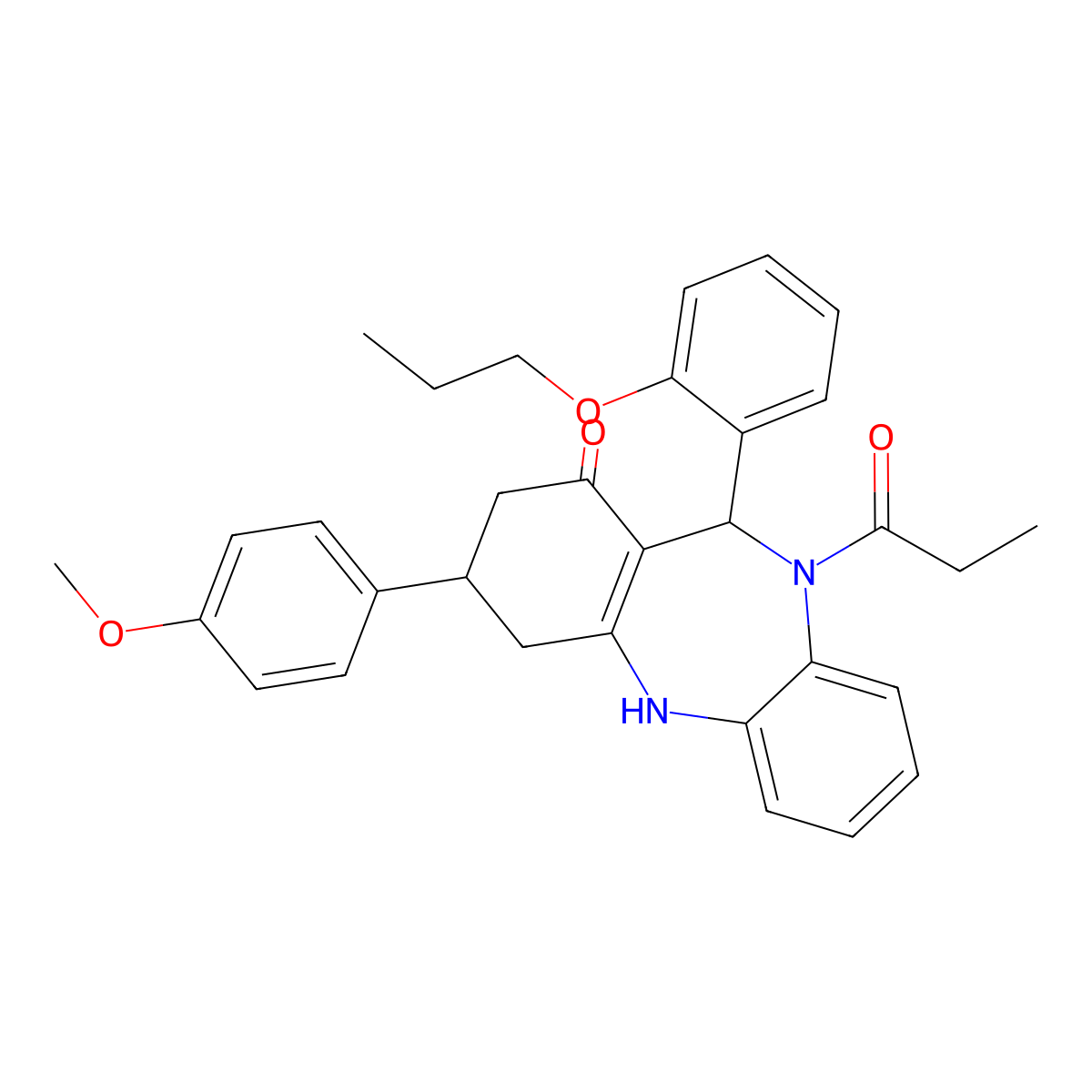 9-(4-methoxyphenyl)-5-propanoyl-6-(2-propoxyphenyl)-8,9,10,11-tetrahydro-6H-benzo[b][1,4]benzodiazepin-7-one molecular structure, CAS 332861-41-3
