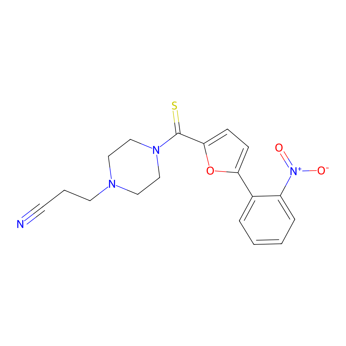 3-(4-(5-(2-Nitrophenyl)furan-2-carbonothioyl)piperazin-1-yl)propanenitrile molecular structure, CAS 332862-25-6