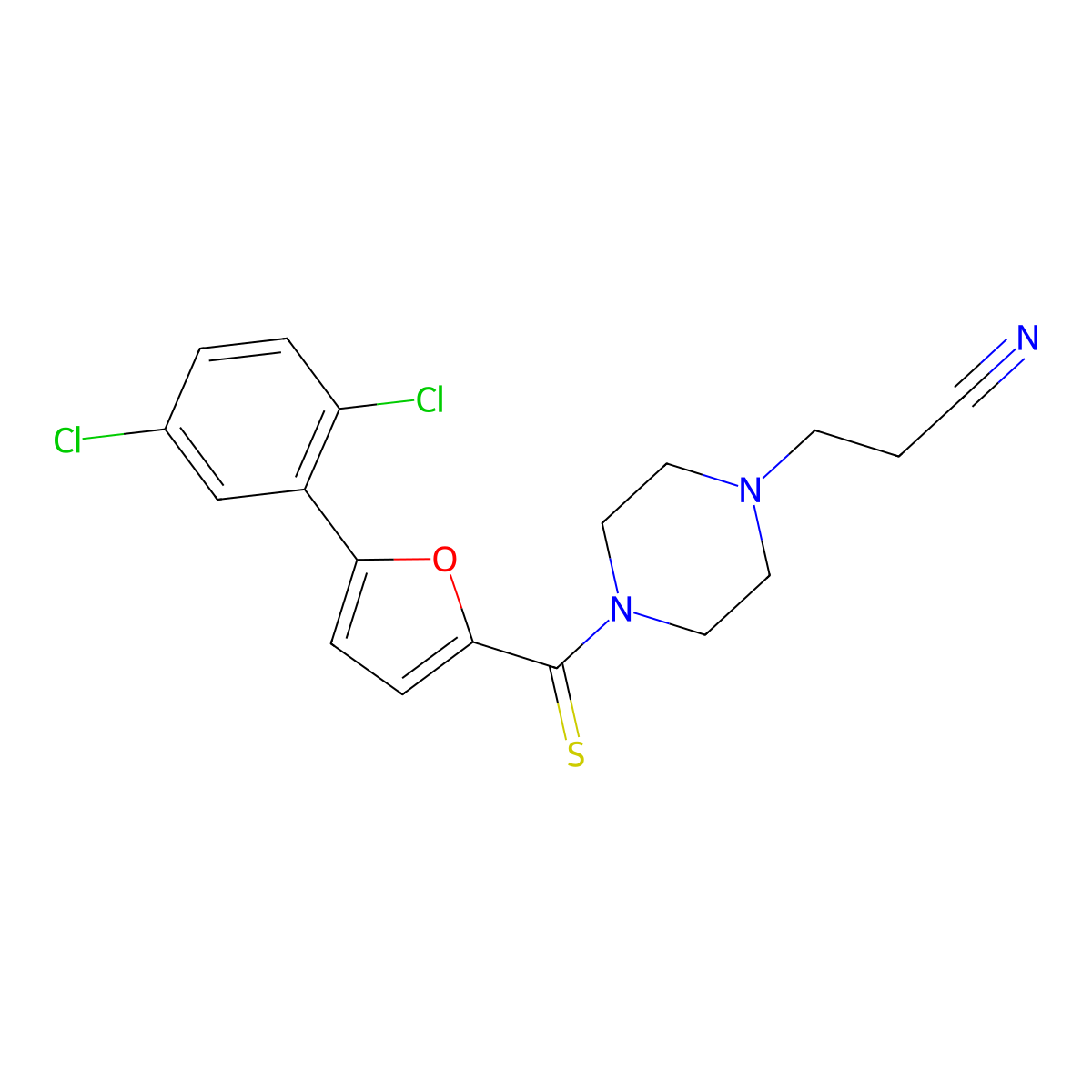 3-(4-(5-(2,5-Dichlorophenyl)furan-2-carbonothioyl)piperazin-1-yl)propanenitrile molecular structure, CAS 332862-27-8