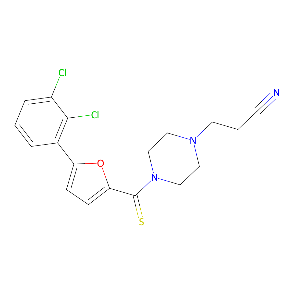 3-(4-(5-(2,3-Dichlorophenyl)furan-2-carbonothioyl)piperazin-1-yl)propanenitrile molecular structure, CAS 332862-29-0