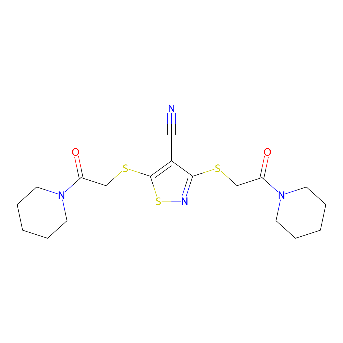 3,5-Bis((2-oxo-2-(1-piperidinyl)ethyl)thio)-4-isothiazolecarbonitrile molecular structure, CAS 332869-31-5