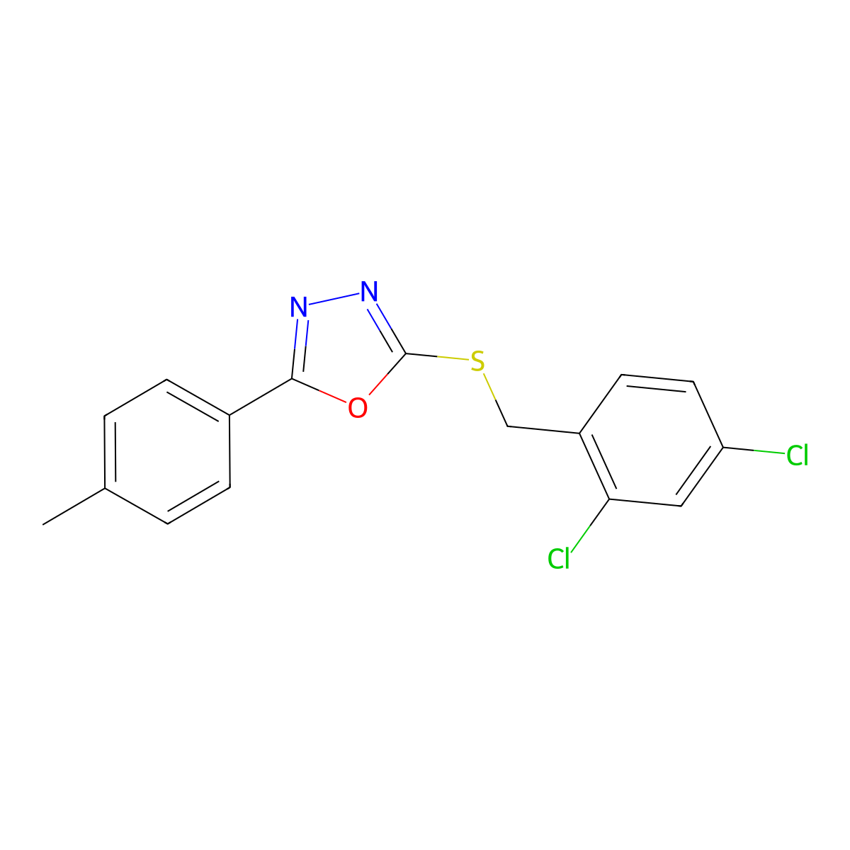 2-((2,4-Dichlorobenzyl)thio)-5-(p-tolyl)-1,3,4-oxadiazole molecular structure, CAS 332869-51-9