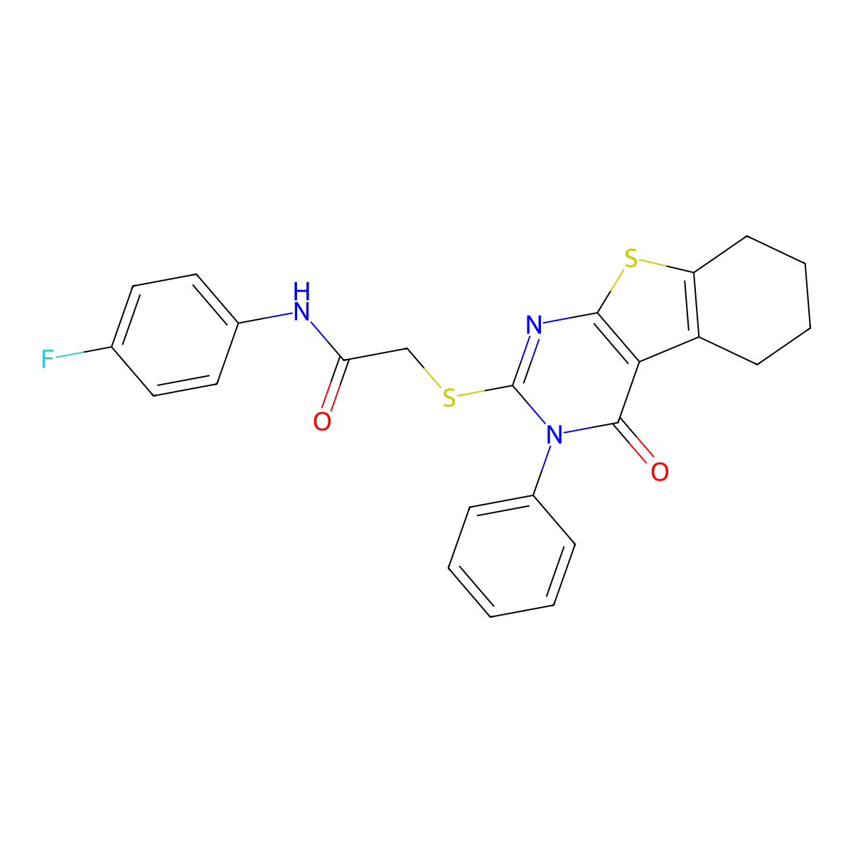 N-(4-fluorophenyl)-2-[(4-oxo-3-phenyl-5,6,7,8-tetrahydro-[1]benzothiolo[2,3-d]pyrimidin-2-yl)sulfanyl]acetamide molecular structure, CAS 332869-64-4