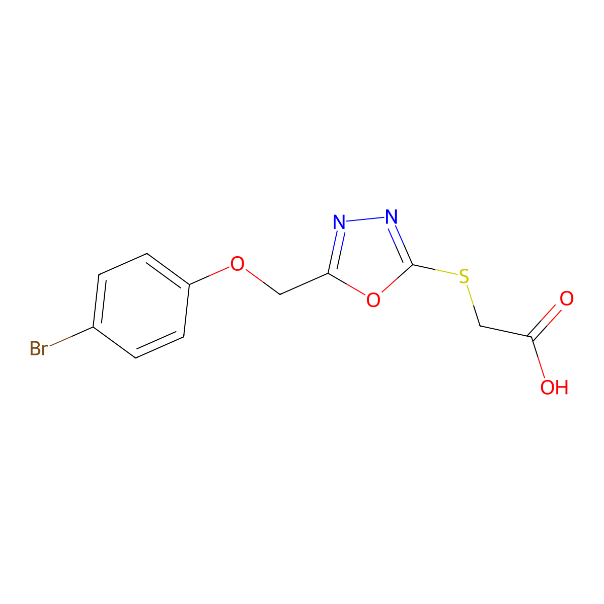 2-[[5-[(4-Bromophenoxy)methyl]-1,3,4-oxadiazol-2-yl]thio]acetic acid molecular structure, CAS 332871-58-6