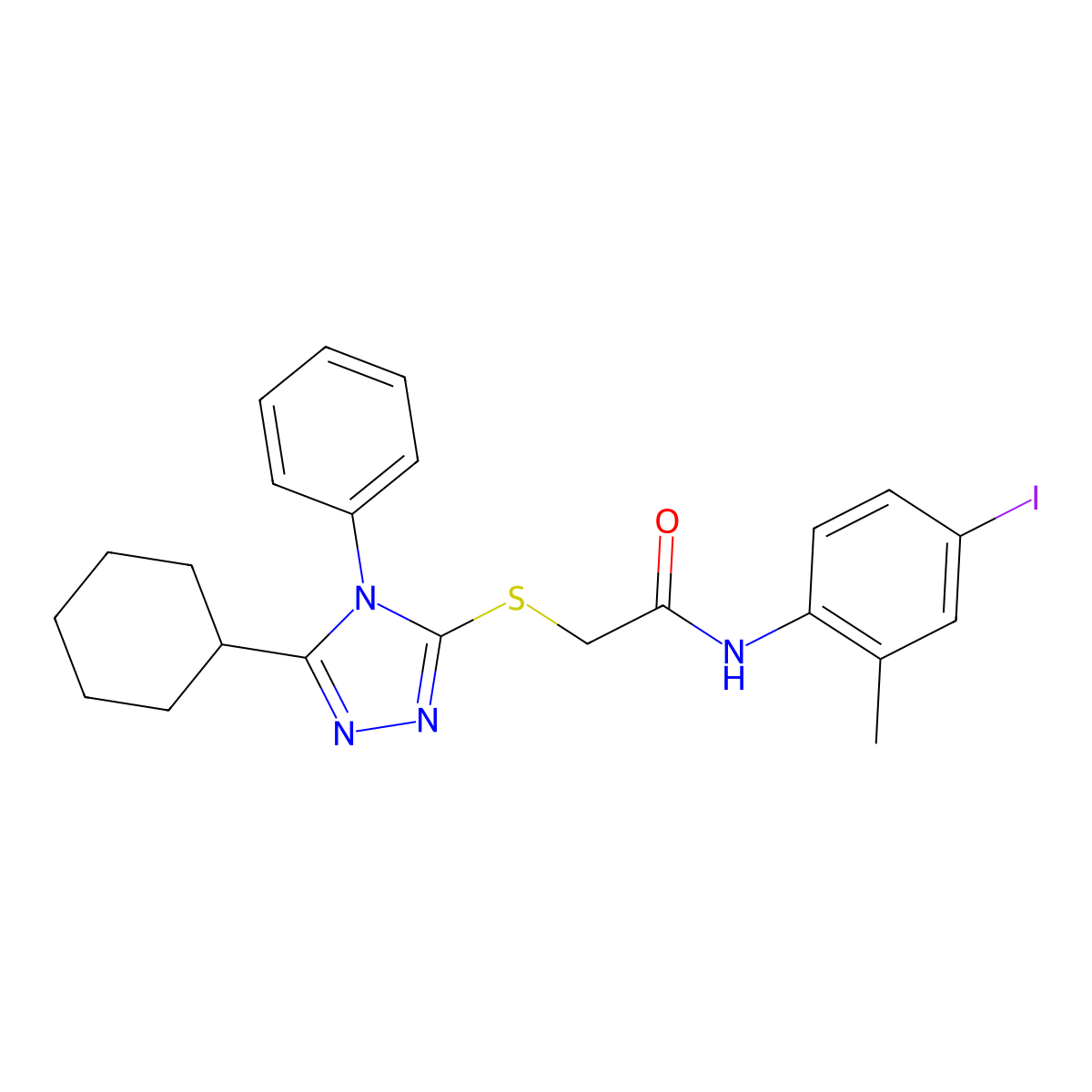 2-((5-Cyclohexyl-4-phenyl-4H-1,2,4-triazol-3-yl)thio)-N-(4-iodo-2-methylphenyl)acetamide molecular structure, CAS 332872-83-0