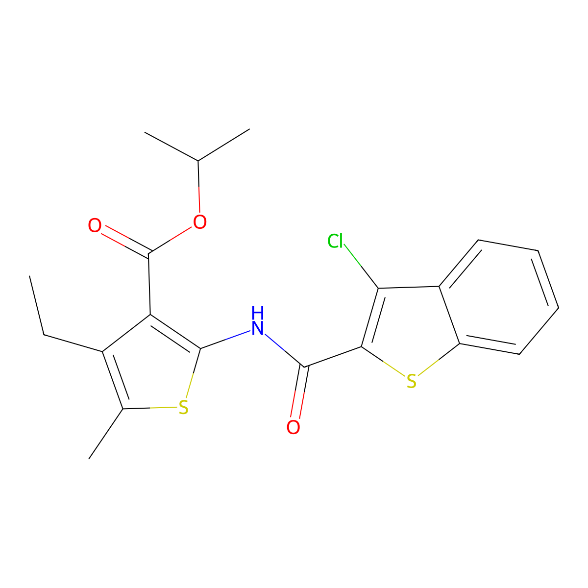Isopropyl 2-{[(3-chloro-1-benzothien-2-yl)carbonyl]amino}-4-ethyl-5-methyl-3-thiophenecarboxylate molecular structure, CAS 332874-45-0