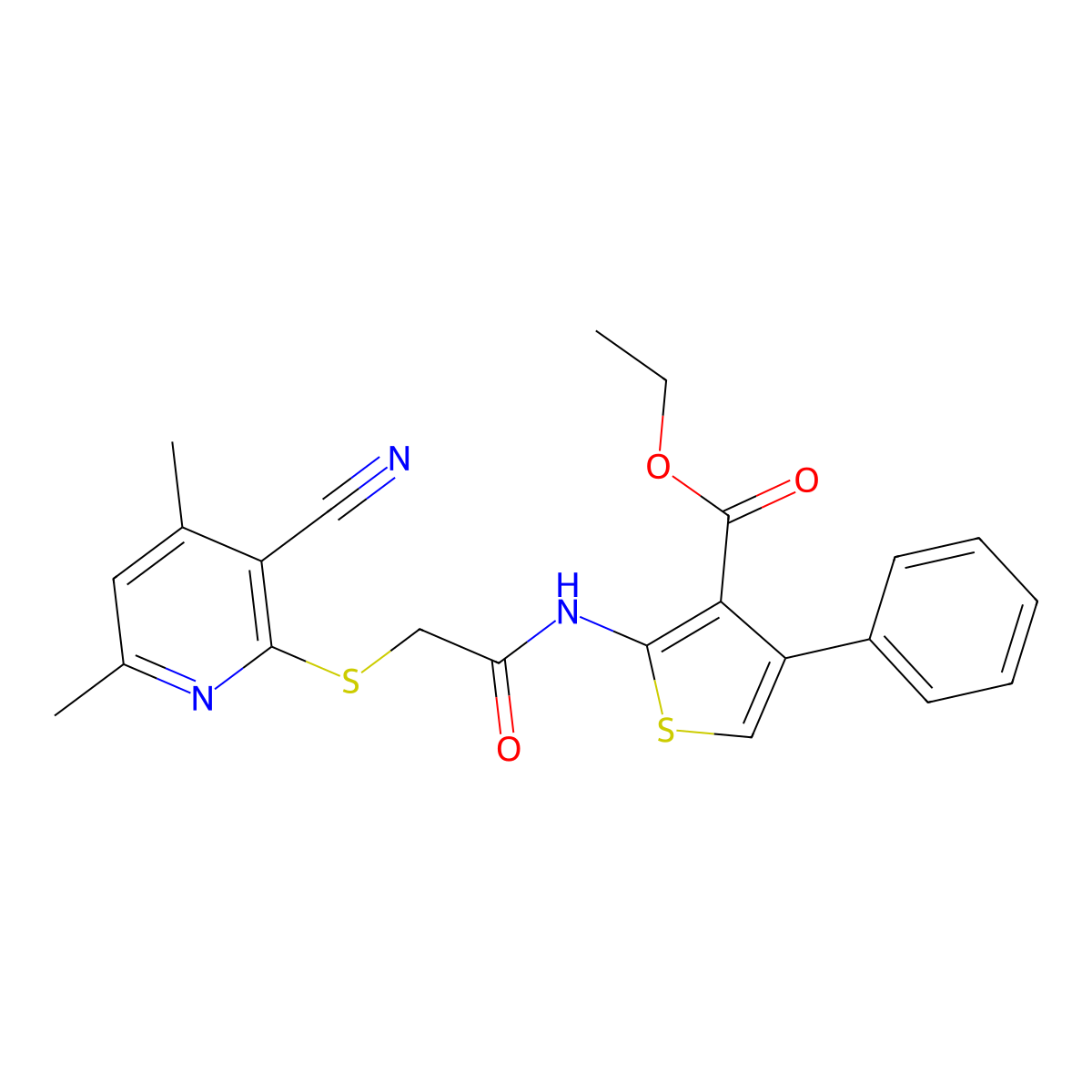 Ethyl 2-(((3-cyano-4,6-dimethyl-2-pyridylthio)methyl)carbonylamino)-4-phenyl-3-thenoate molecular structure, CAS 332874-88-1
