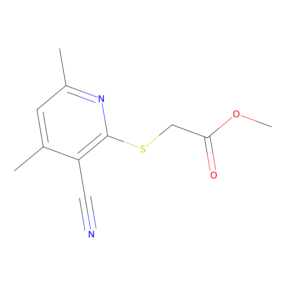(3-Cyano-4,6-dimethyl-pyridin-2-ylsulfanyl)-acetic acid methyl ester molecular structure, CAS 332874-89-2