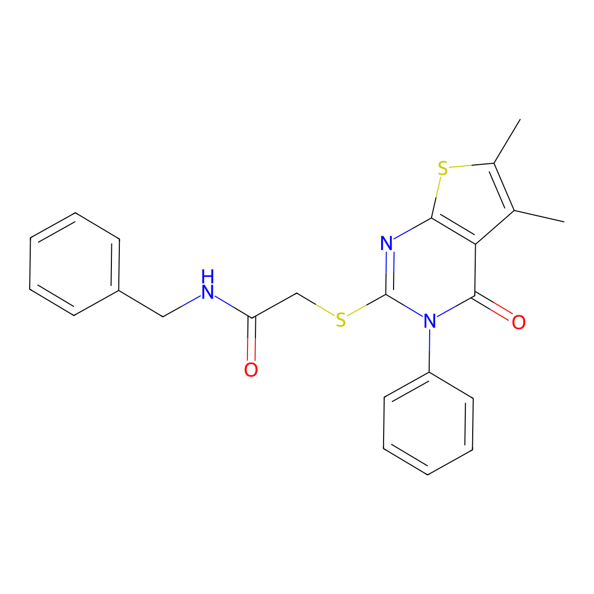 N-benzyl-2-((5,6-dimethyl-4-oxo-3-phenyl-3,4-dihydrothieno[2,3-d]pyrimidin-2-yl)thio)acetamide molecular structure, CAS 332882-86-7