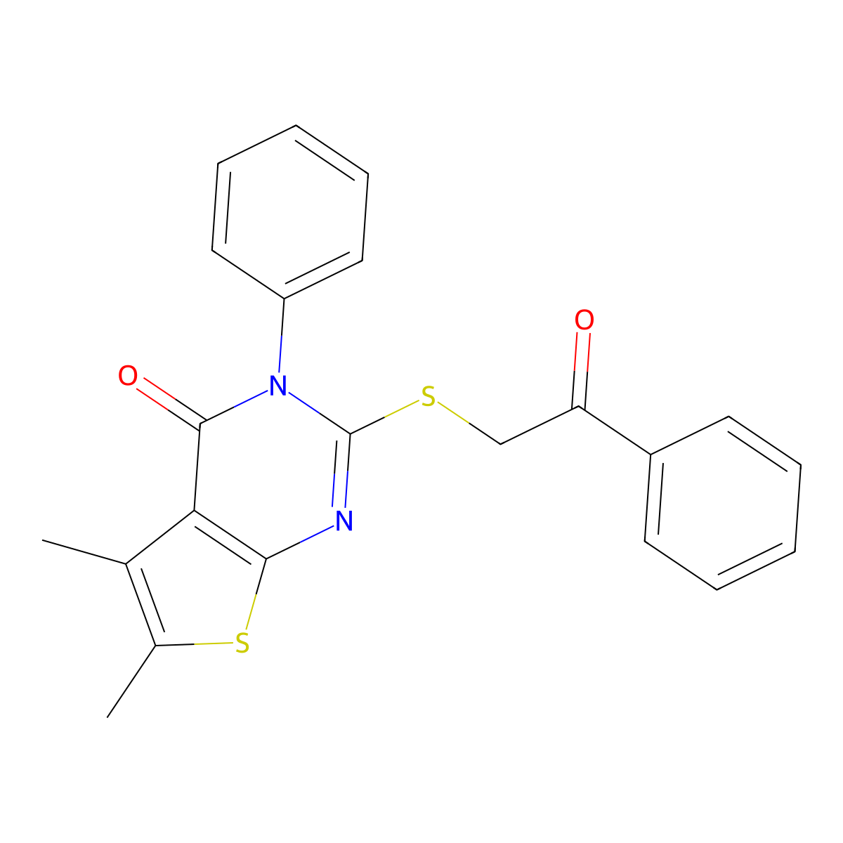 5,6-Dimethyl-2-phenacylsulfanyl-3-phenylthieno[2,3-d]pyrimidin-4-one molecular structure, CAS 332882-90-3