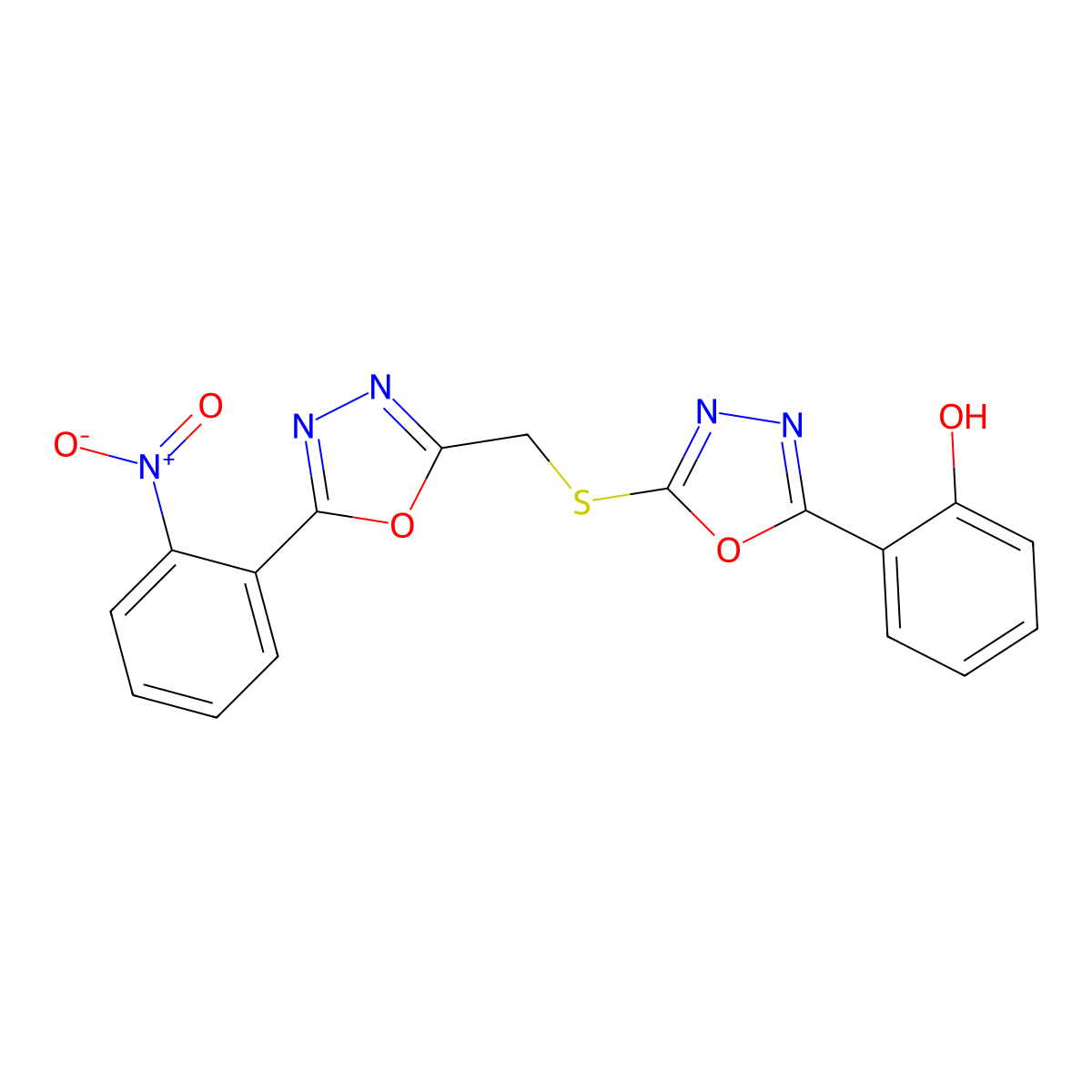 2-(5-(((5-(2-Nitrophenyl)-1,3,4-oxadiazol-2-yl)methyl)thio)-1,3,4-oxadiazol-2-yl)phenol molecular structure, CAS 332883-11-1